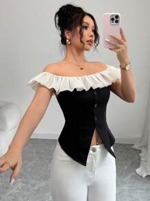 SHEIN Clasi Women's Casual Short Off-Shoulder Business Shirt, Suitable For Holiday, Back To School, Eid Al-Fitr, Music Festival, Summer - Black - View 6