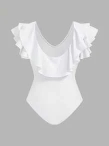 Swim Oasis 1 Pc Ruffled One Piece Swimsuit + 1 Pc Palm Tree Printed Cover-Up Skirt 2 Pieces Set For Summer Beach Vacation - Blue and White - View 6