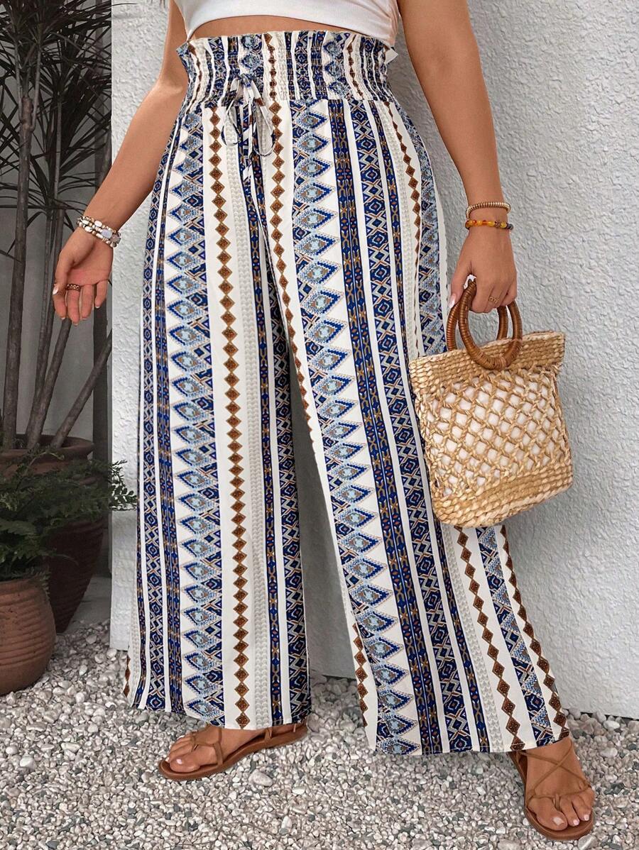SHEIN VCAY Plus Geo Print Wide Leg Summer Pants - Multicolor - View 1