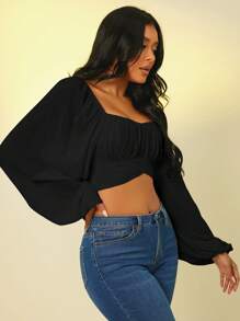 SHEIN SXY Women's Casual Solid Color Lantern Sleeve Cropped Blouse