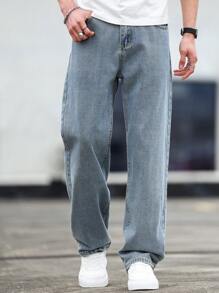 Manfinity Homme Men's Straight Leg Loose Fit Casual Pockets Jeans, Versatile - Light Wash - View 3