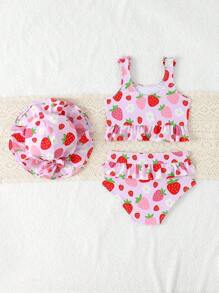 Baby Girls' Two Pieces Floral Print & Solid Color Skirt Bikini With Hood, Cute Baby Girl Swimming, Baby Girl Beachwear - Baby Pink - View 2