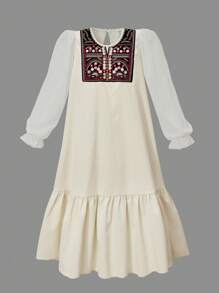 SHEIN Explorewe Tween Girls 优雅花卉中式领 A 字形网眼长袖连衣裙，适合日常通勤、度假、家庭聚会、春夏季 - 杏色 - 查看 4