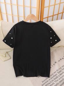 SHEIN Meisjes Casual Minimalist Comfortabel Computer Geborduurd Ronde Hals Losse Korte Mouw T-shirt