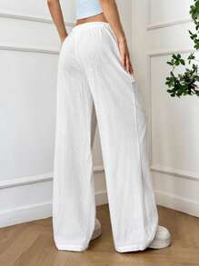 SHEIN EZwear Plus Size Women White Loose Drawstring Waist Wide Leg Baggy Pants,Pockets,Fall,Winter,Back To School,Going Out,Business Casual,Office Outfits,Work,Teacher - White - View 2