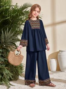 Koszulka z nadrukiem w stylu Tween Girl Woven Solid Patchwork z nadrukiem w kształcie dzwonka z nadrukiem w pozycjonującym stylu Luźne szerokie spodnie z szerokimi nogawkami Zestaw 2 częściowy, styl wiejski, swobodne wakacje, podróże, boho, retro wakacje