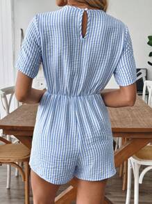 SHEIN PETITE French Style Elegant Striped Woven Loose Fit Round Neck Jumpsuit For Women, New Summer Collection - Blue and White - View 2