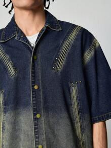 ROMWE MEN Street Life Áo khoác denim tay ngắn đơn hàng khuy rộng thoải mái cho nam - Màu xanh lam - Xem 2