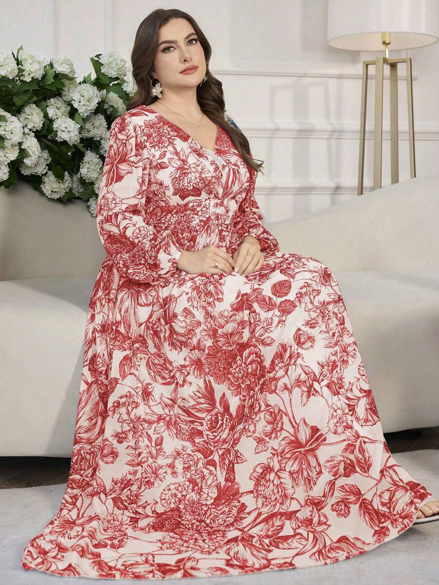 Modelyn Romantic Floral Print V-Neck Long Sleeve A-Line Regular Dress, Spring/Summer - Red - View 1