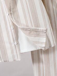 SHEIN 2 Stücke/Set Tween Jungen lässiger, bequemer und vielseitiger Collegestil mit weichem Lächeln Streifenmuster Polokragen Hemd und Hose mit Gummibund, geeignet für Herbst, Frühling, Sommer, ideal für den täglichen Gebrauch, Outdoor-Aktivitäten, Schule, Straße, Partys und Lässig Zuhause - Khaki - Übersicht 6