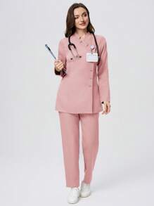 Scrubzie Set Seragam Medis Wanita dengan Atasan Lengan Panjang Kerah Tegak Anti Kerut dan Celana Panjang - Berwarna merah muda - View 8