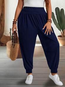 EMERY ROSE Plus Size Casual Solid Color Drawstring Pants Fall - Navy Blue - View 6