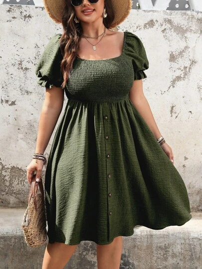 Linhara CURVE Plus Size Women's Solid Color Puff Sleeve Front Decor Button Down Dress