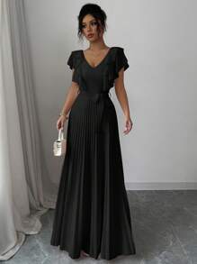 Elenzga V-Neck Ruffle Hem A-Line Elegant Romantic Ladies Dress - Black - View 5