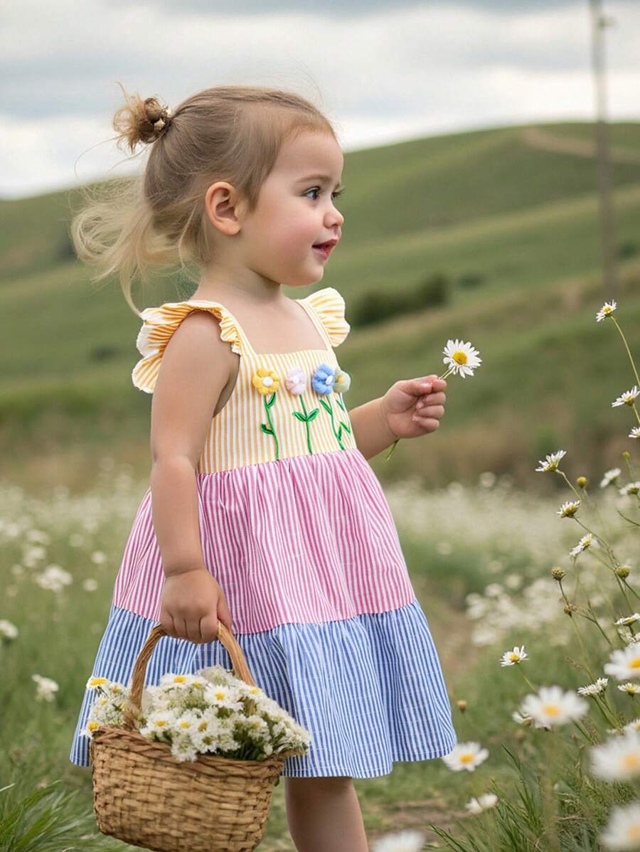 Cozy Pixies Baby Girl 3D Floral Contrast Color Block Sleeveless Waist Fit Dress - Pink - View 1