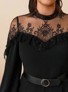 SHEIN Belle Plus Size Stand Collar Lace & Mesh Panel Lantern Sleeve Loose Straight Leg Jumpsuit, Casual & Elegant For Outing & Party
