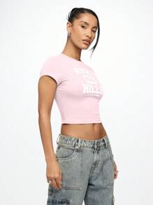 SUMWON WOMEN Beverly Hills Los Angeles County Baby Tee Graphic Print Short Sleeve Fitted Summer Casual Crop Top Retro Y2k Fashion Streetwear