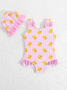 SHEIN Maillot de bain une pièce pour bébé fille avec imprimé rayures et canard jaune, pour les vacances à la plage