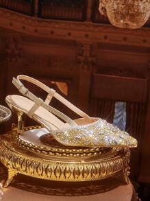 CUCCOO TILAWA Women's Pointed Toe High Heel Rhinestone Wedding Shoes, Gold Closed Toe Party Formal Heels - Gold - View 7