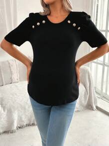 SHEIN Solid Color Ribbed Crew Neck Short Sleeve Maternity T-Shirt - Black - View 5
