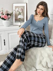 SHEIN 纯色罗纹针织修身长袖睡衣套装，搭配格子印花睡裤，秋冬舒适优雅细节。 - 彩色 - 查看 3