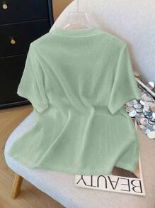 Franclia Stylish Round Neck Short Sleeve T-Shirt, Floral 3D Applique Top - Green - View 2