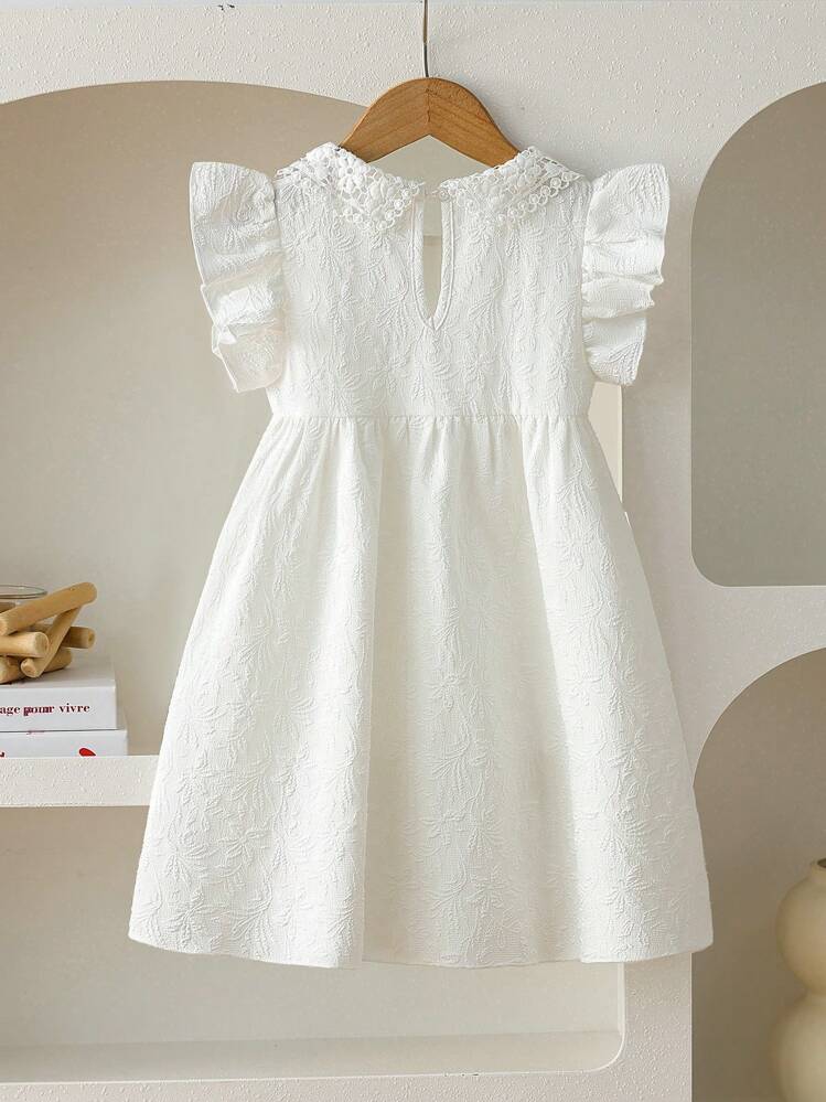 SHEIN Vestido Princesa Cintura Alta com Babado no Colarinho, Textura Jacquard de Cor Sólida, Manga Curta, Elegante para Meninas, Adequado para Viagem, Férias, Festa, Presente de Aniversário, Verão - Branco - Visão 2