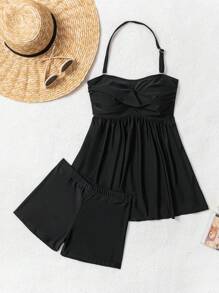 SHEIN Women 2 Pieces Black Solid Pleated Flared Top And Shorts Elegant Bikini Set, Beach Summer Outfits - Black - View 3