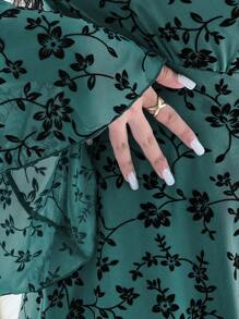 Flirla Plus Size Elegant Floral Flocked & Mesh Bell Sleeve Tie Waist Dress