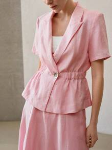 MOTF PREMIUM CAMISA DE LINO PURO DE COLOR SÓLIDO CON CUELLO CON PICO Y MANGAS CORTAS CON TOP DE PEPLUM DE CINTURA ELÁSTICA - Rosa - Ver 3