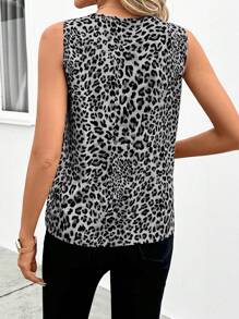 SHEIN Clasi Elegant Women's Cheetah Print Contrasting Splicing Black Collar Shirt, Regular Sleeveless Vest Top, Suitable For Daily Wear Leopard Print - Grey - View 2