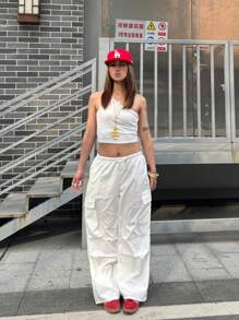 SHEIN Teen Girls Spring/Summer One Shoulder Crop Top & Drawstring Waist Flap Pocket Side Cargo Pants