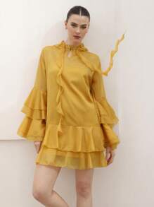 BELROSIE Golden Yellow Elegant Tea Party Women's Shiny Chiffon Layered Ruffle Neck & Cuff Long Sleeve Mid-Length Dress,Autumn Spring Fall Style - Yellow - View 6