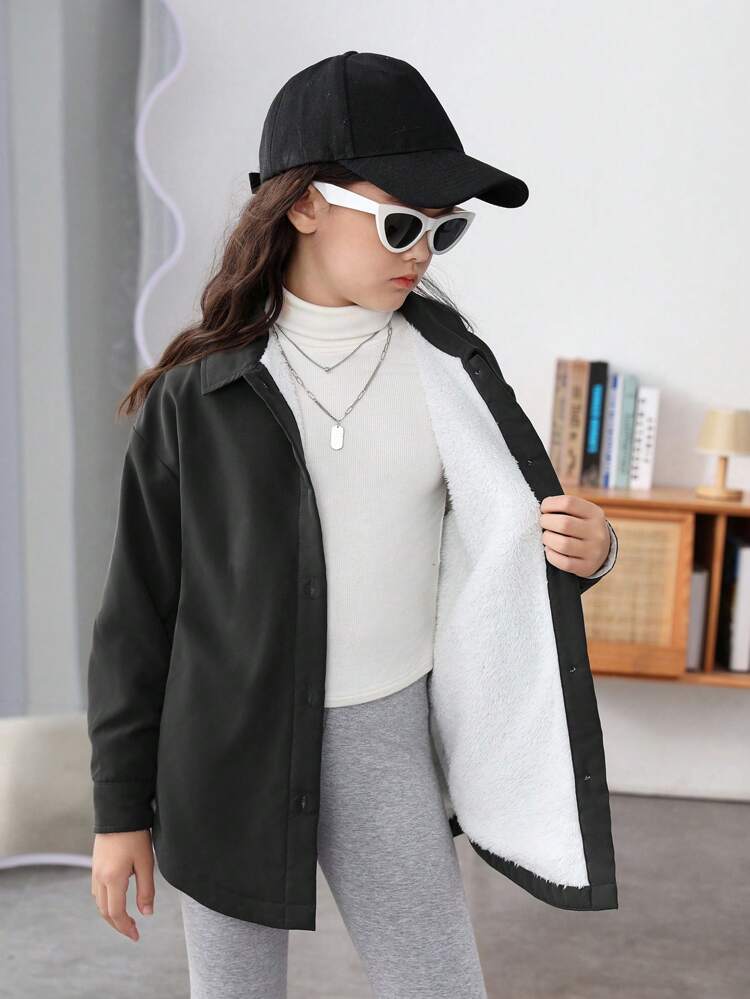 Tween Girl 1pc Letter Graphic Drop Shoulder Thermal Lined Coat