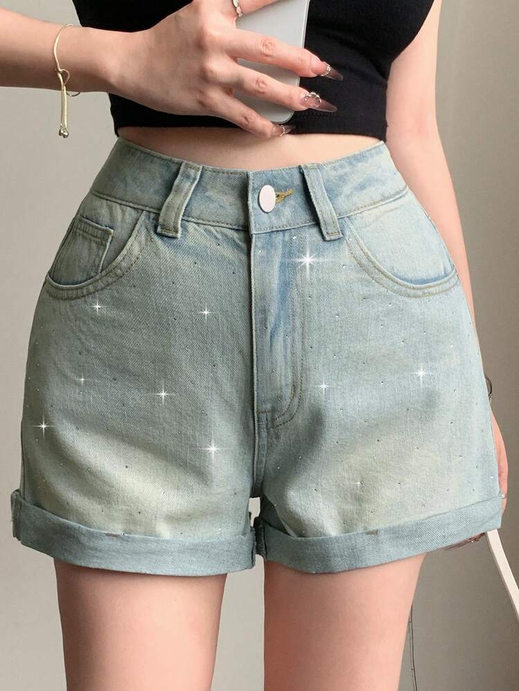 Women's Summer Distressed Ripped Pocket Design Studded Hem Casual Denim Shorts Sequin Jorts