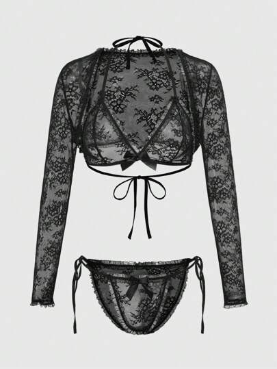 Kawaii 3pcs Romantic Valentine's Set: Wireless Lace Triangle Cup Bowknot Halter Long Sleeve Sexy Lingerie