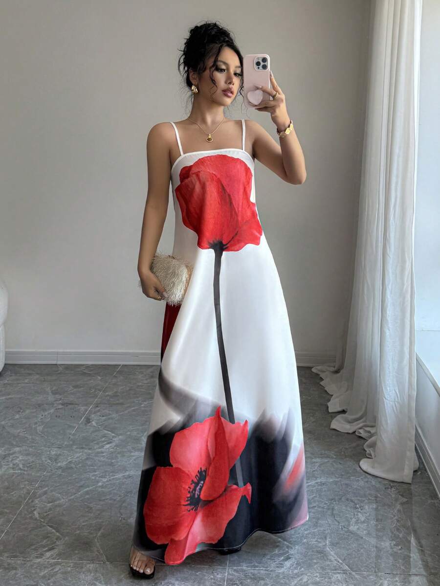 Rafferiza Váy Maxi hở lưng in họa tiết hoa hồng cho nữ, trang phục đi nghỉ, Xuân/Hè - trắng - Xem 1