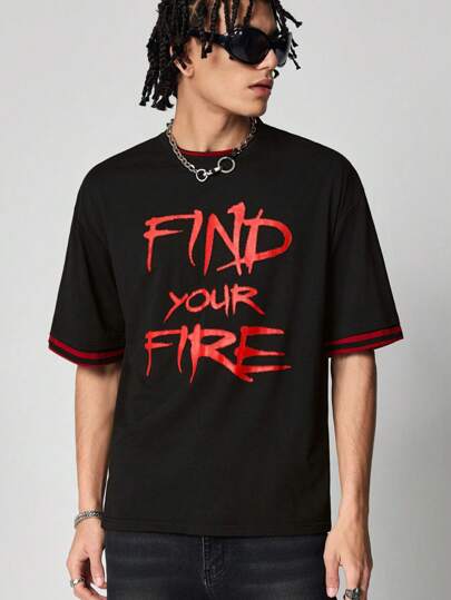 Grunge Punk Herren Rundhals Kurzarm T-Shirt mit Kontrastbesatz und Buchstaben-Muster, einfaches Lässig Design