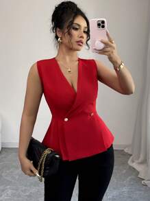Elenzga Plus Size Women's Elegant Loose Casual Holiday & Commute Solid Color Open V-Neck Crossed Double Metal Button Pleated A-Line Sleeveless Blouse, Spring/Summer