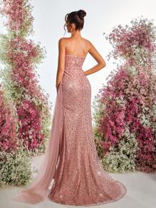 Glamrae Elegant Lotus Pink Luxury Bead & Sequin Mesh Splice Handcrafted Rhinestone Embellished Strapless Fishbone Side High Slit Fishtail Formal Evening Gown - Dusty Pink - View 3
