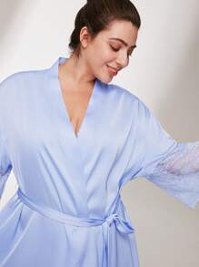 LUVLETTE Plus Silky Satin Luxurious Lace Elegance Trim Tie-Front Bridal Loungewear Airy Pajama Robe Bath Robe Night Gown Women