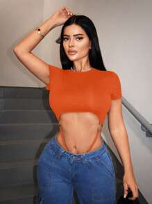 SHEIN SXY 性感镂空紧身衣，休闲运动装，百搭夏季 - 橘色 - 查看 5