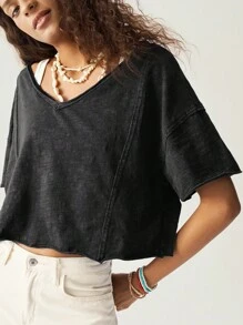 SHEIN BohoFeels Boho Women Casual Solid Color V-Neck Short Sleeve Loose T-Shirt - Black - View 6