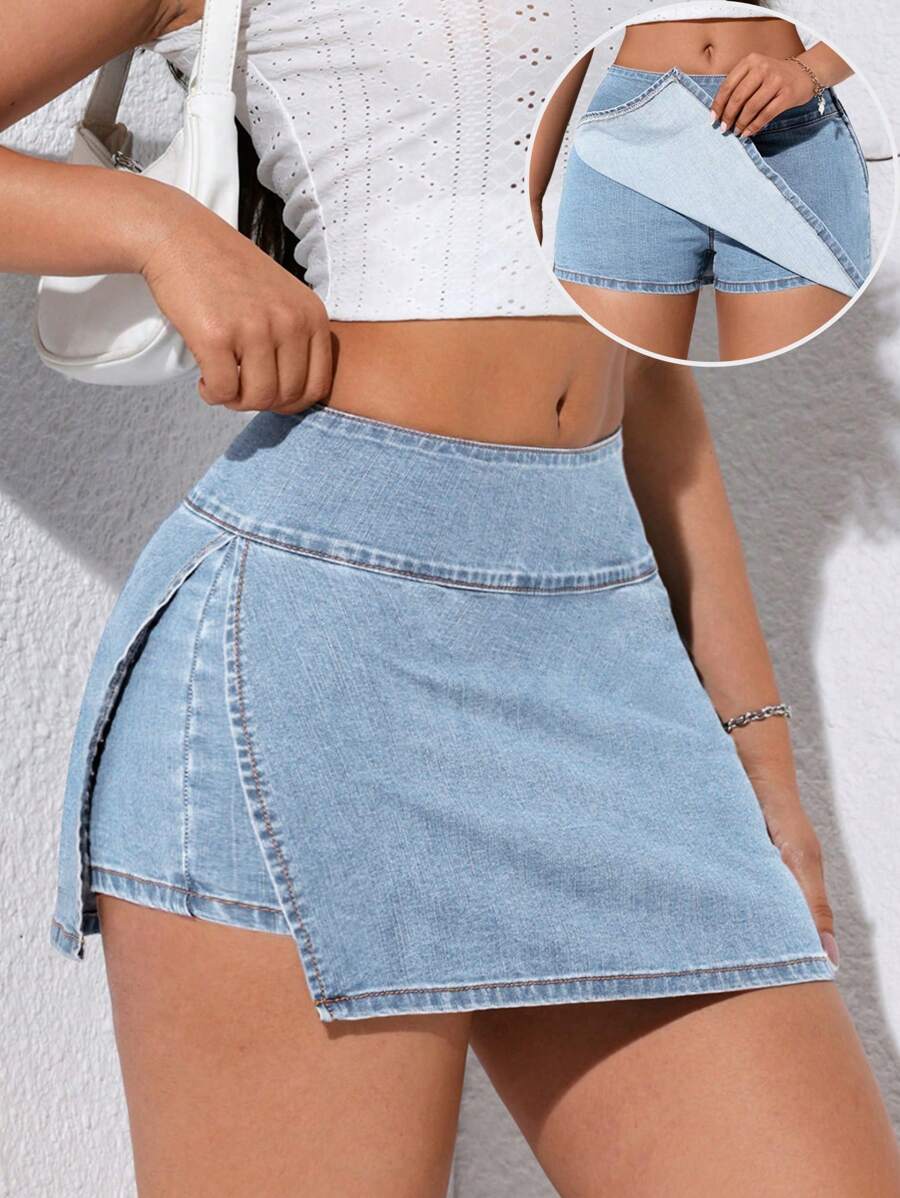 SHEIN EZwear 女士休闲水洗侧开叉牛仔短裙短裤 - 淺色水洗藍 - 查看 1