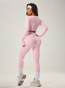 SHEIN Dewbera Bộ đồ thể thao ngắn dài & áo phông và quần legging tập luyện cho nữ Bộ đồ tập legging cho nữ Bộ đồ tập gym cho nữ - Hồng - Xem 7