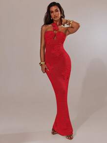 SHEIN BAE Women's Sexy Backless Halter Neck Maxi Knit Dress,Valentine's Day,Valentine Outfits For Women - Red - View 5