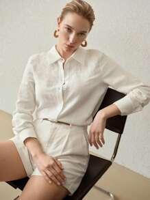 MOTF PREMIUM LINEN EMBROIDERY BUTTON UP SHIRT - Beige - View 8