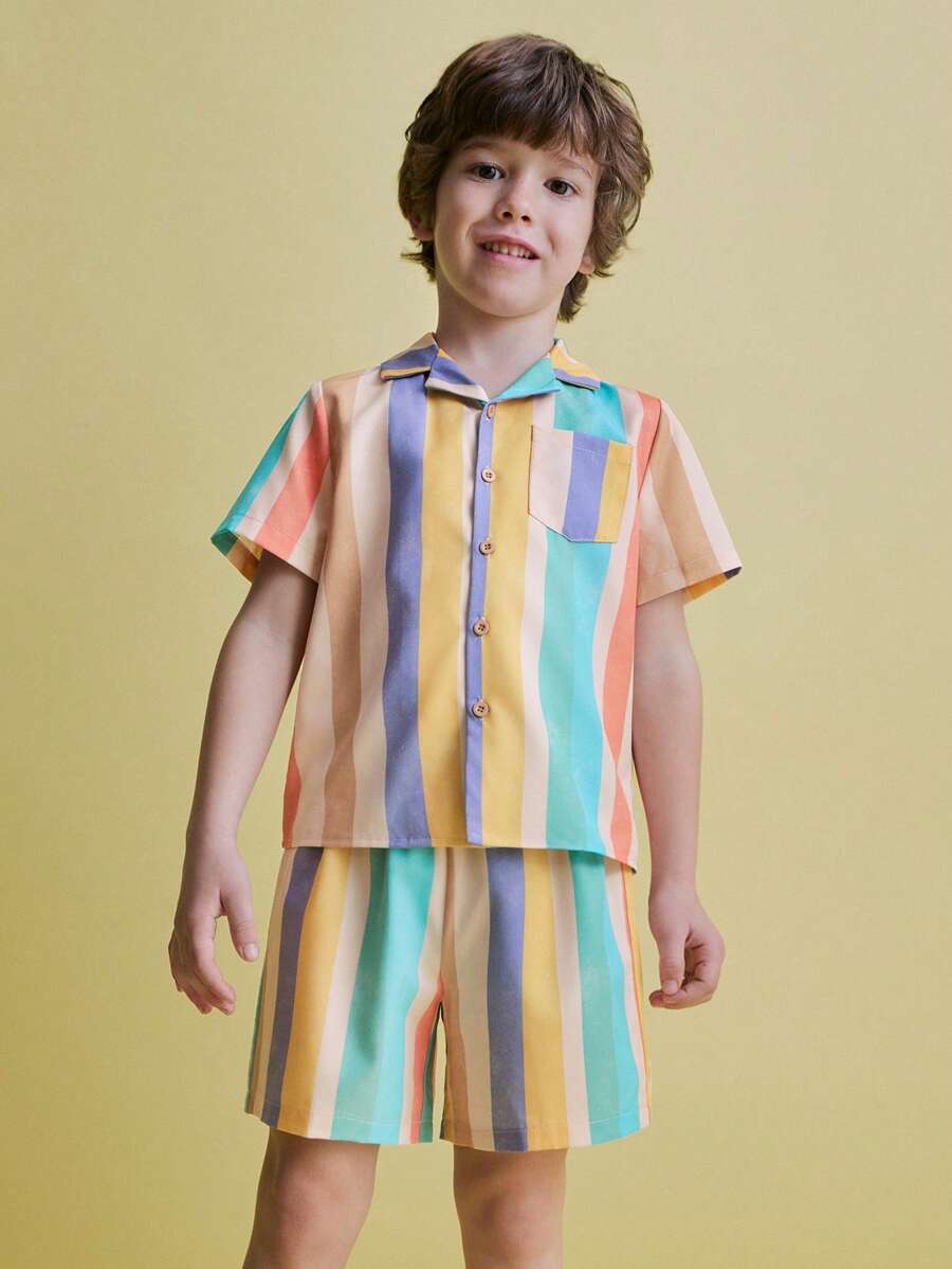 SHEIN 2pcs Young Boys' Colorful Striped Chest Pocket Short Sleeve Button-Up Shirt And Relaxed Fit Striped Elastic Waist Shorts Set, Perfect For Holiday Style