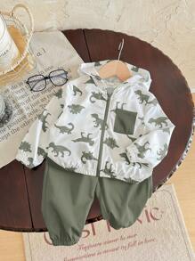 Conjunto de 2 piezas para bebé niño/niña, chaqueta ligera con capucha estampado de dinosaurio en contraste de color y pantalón liso de unicolor, adecuado para primavera, verano, otoño y viajes al aire libre