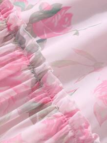 Tween Girl' Pink Chiffon Printed Cap Sleeve Patchwork Ruffle Collar Loose Dress, Elegant & , Summer,Holiday,Summer,Travel - Pink - View 5